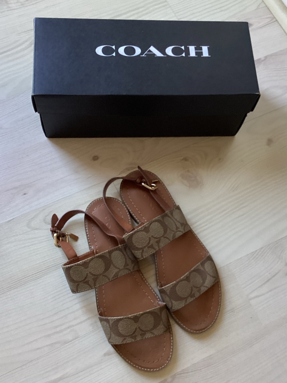 Coach Tan Signature Canvas Double-Strap Slingback Sandals